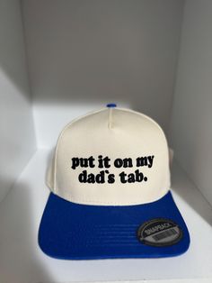 vintage trucker hat "put it on my husband's tab" Trucker Dad Hat With Letter Print And Flat Bill, Trucker Dad Hat With Letter Print, Vintage Letter Print Snapback Baseball Cap, Vintage Snapback Hat With Letter Print And Flat Bill, Father's Day Letter Print Snapback Hat With Flat Bill, Retro Trucker Hat With Letter Print For Baseball Season, Retro Snapback Hat With Letter Print For Baseball Season, Father's Day Letter Print Adjustable Snapback Hat, Retro Adjustable Dad Hat With Curved Bill