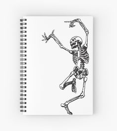 a black and white drawing of a skeleton holding a flower in its hand spiral notebook