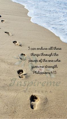 footprints in the sand with a bible verse written on it's bottom right side