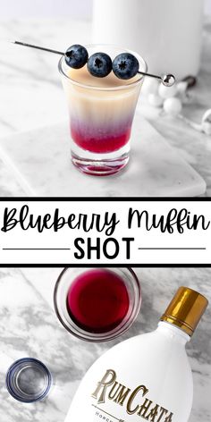 the blueberry muffin shot is served in a glass with an ice cream topping