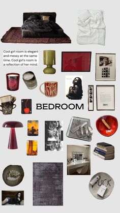 a collage of various items that are arranged in the shape of a bed room