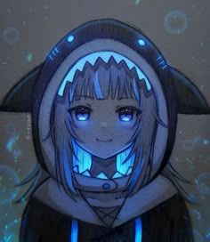 a drawing of a girl with blue eyes wearing a hooded jacket and hoodie over her head