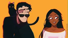 an animated image of a man and woman with cats on their heads, standing next to each other