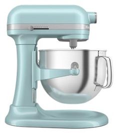 an image of a blue mixer on a white background with the words kitchen aid written below it