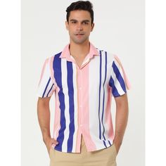 Made from lightweight fabric, this shirt is comfortable to wear and will keep you cool in the summer. The classic-fit shirt tapers throughout the body and hem for a casual look. You can pair it with pants, jeans, or shorts to complete your casual look. Add a stylish outfit option to your everyday wardrobe with this unique striped short-sleeved shirt. Striped Summer Tops With Casual Style, Blue Camp Collar Shirt For Summer, Summer Blue Shirt With Camp Collar, Striped Camp Collar Shirt For Beach, Summer Striped Shirt With Spread Collar, Blue Camp Shirt With Spread Collar For Summer, Striped Shirt With Button Closure For Summer, Striped Button Closure Shirt For Summer, Blue Summer Camp Shirt With Spread Collar