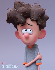 the animated character is wearing an orange and gray shirt with his hands on his hips