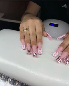 Nail Ideas Gems, Pink Bling Nails, Tapered Square Nails, Hard Nails, French Acrylic Nails, Dope Nail Designs, Acrylic Nails Coffin Pink, Long Square Acrylic Nails