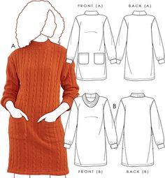 the front and back view of an orange sweater dress, with long sleeves and pockets