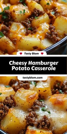 cheese hamburger potato casserole is shown in two different images with the title above it