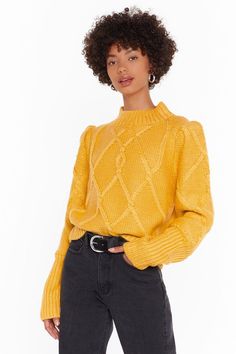 Sleeve the Lights On Cable Knit Sweater | Shop Clothes at Nasty Gal! Faux Fur Sweater, Fur Sweater, Waffle Knit Sweater, Cable Knit Jumper, High Neck Sweater, Long Pullover, Long Sleeve Knit Sweaters, Boatneck Sweater