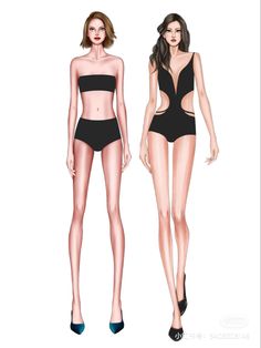 two women in swimsuits standing next to each other, one wearing high heels