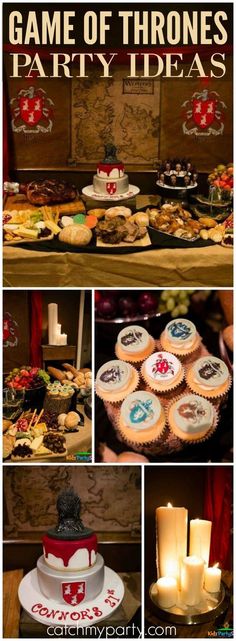 game of thrones party ideas with cupcakes, cake and candles on the table