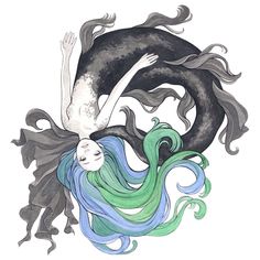 a drawing of a mermaid with long hair floating in the air next to a black and white whale