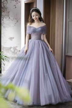 Purple Tulle Beaded Long Prom Dress, Off Shoulder Evening Party Dress Prom Dresses School Appropriate, Grad Dresses Purple, Cute Poofy Dresses, Purple Prom Dress Flowy, Hairstyle For Ball Gown, Prom With Sleeves, Purple Wedding Dress The Bride, Lavender Princess Dress