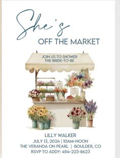 an advertisement for a flower shop with flowers in pots and the words she's off the market