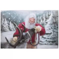 a painting of santa claus holding a reindeer in the snow with pine trees behind him