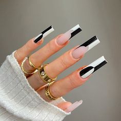 PRICES MAY VARY. UNIQUE DESIGN - Black white design, long coffin shape, combine trendy elements with classic color and shape, looks shiny and attractive HIGH QUALITY - BABALAL fake nails are made of high quality ABS material, non-toxic, no odor, no harm to your nails or body, durable and not easy to fade, providing you with a safe and comfortable nail experience VARIED SIZE - 24 pcs acrylic nails in 12 different sizes, no matter what your nail size is, you can choose the most suitable size for y Acrylic Tips, Long Press On Nails, Punk Nails, Nagel Tips, Nail Type, Coffin Press On Nails, Fake Nails With Glue, Ballerina Nails, Nail Art Hacks