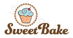 the logo for sweet bake with a blue frosted cupcake on it's side