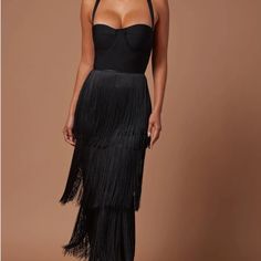 Black Fringe Straight Dress. This Dress Has A Square Neckline And A Straight Silhouette. The Fabric Has No Stretch. It Can Be Worn For Semi Formal Events, And Pageant. Size Small Never Worn Gatsby Party Outfit, Black Fringe Dress, Gala Outfit, Maxi Robes, Straight Dress, Satin Gown