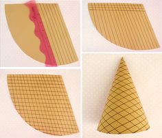 four pictures of different shapes and sizes of an ice cream cone with lines on it