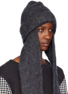 Brushed knit mohair- and alpaca-blend beanie in gray. · Rolled brim · Scarf-style ear flaps · Pull-through fastening Supplier color: Charcoal Mohair Scarf, Scarf Style, Designer Accessories, Accessories For Women, Scarf Styles, Hats For Women, Alpaca, Apparel Accessories, Accessories Hats