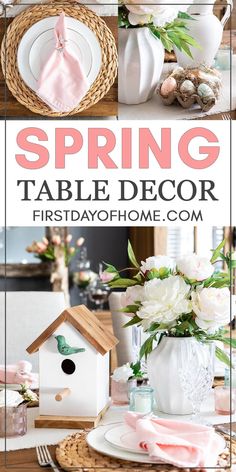 spring table decor with flowers and birdhouse