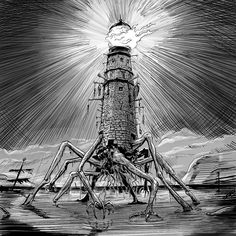 a black and white drawing of a giant spider crawling in front of a light house