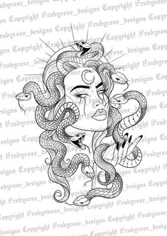 a drawing of a woman's face with snakes around her head and the words,