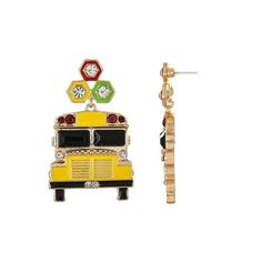 a pair of yellow school bus earrings with clocks on the front and back of it