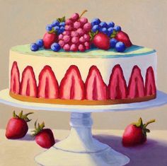 a painting of a cake with strawberries and blueberries on top