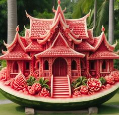 a watermelon sculpture with a house on it