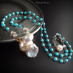 CUSTOM Made to Order - Baroque Pearl Necklace with Turquoise, Vintage Rhinestone Accents and White Sapphire Elegant Turquoise Pearl Necklace With Gemstone, Elegant Beaded Turquoise Pendant Necklace, Elegant Turquoise Beaded Pendant Necklace, Elegant Turquoise Pearl Drop Necklace, Handmade Turquoise Pearl Necklace, Turquoise Pearl Pendant Necklace As Gift, Turquoise Pearl Drop Jewelry, Elegant Turquoise Necklace With Pearl Drop, Elegant Turquoise Necklace With Pearl Chain