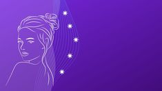 a drawing of a woman's face on a purple background with stars in the corner