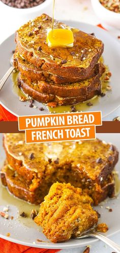 pumpkin bread french toast with syrup being drizzled over it on a white plate