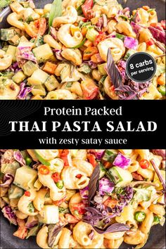 A collage featuring pictures of Thai-inspired pasta salad. Thai Peanut Pasta, Peanut Pasta Salad, Satay Salad, Peanut Pasta, Thai Dressing, Thai Pasta, Peanut Satay, Low Carb Noodles, Satay Sauce