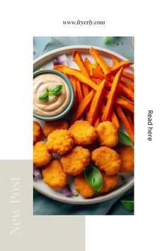 a plate full of fried food with dipping sauce