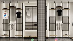 an open closet with clothes hanging on shelves