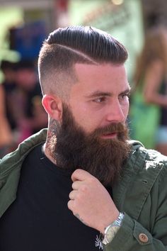 beautiful full thick dark beard and mustache bushy beards bearded man mens' style hair cut hairstyles for men tattoos tattooed handsome #beardsforever Comb Over Fade Haircut, High And Tight Haircut, Comb Over Fade, Man With A Beard, Beard Haircut, Beard Hairstyle, Mens Fade, Great Beards, Beard Love