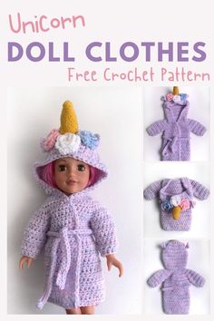 the doll is wearing a purple crochet outfit and hat with an unicorn on it