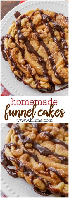 homemade funnel cakes with chocolate drizzled over them on a white platter