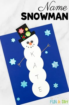 a snowman made out of paper on top of a blue background with the words name snow