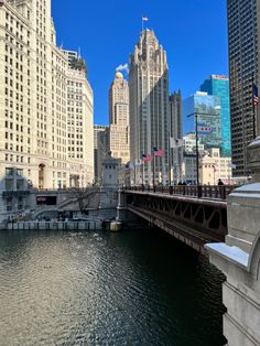 there is a bridge that goes over the water in this big city with tall buildings