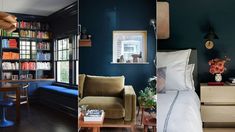 three different rooms with blue walls and furniture