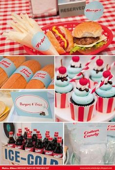 a collage of photos with hamburgers, fries and cupcakes on them