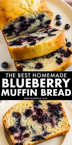 the best homemade blueberry muffin bread on a white plate with fresh blueberries