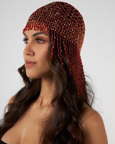 Glittering with beads that drape along the back of the neck, this fringed headpiece will give your outfit a heavenly glow.Unleash your inner showgirl in this beautiful headpiece: jazz-age flapper-worthy opulence with a thoroughly modern edge. Jazz Age, Your Outfit, Headpiece, Beads, Red