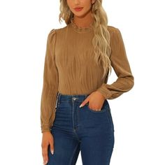 This vintage classic blouse top is designed with ruffled trim and solid color, and especially for a professional look at work. Crafted from a lightweight material, it is shaped with an elegant crewmock neckline, pleats details and comes in a cut for easy, breezy wear. Suit for many occasions, such as business, meeting, office, shopping, dating, weekend and casual daily. Style with wide legs pants for a smart-casual finish. Suitable for summer, easy to match with jeans, shorts, skirt, cardigan, e Fall Tops With Ruffled Collar, Fall Solid Tops With Ruffled Collar, Solid Ruffled Collar Blouse For Work, Workwear Blouse With Ruffled Collar, Classic Solid Blouse With Ruffled Collar, Classic Blouse With Ruffled Collar, Solid Color Ruffled Collar Top For Work, Business Blouse, Meeting Office