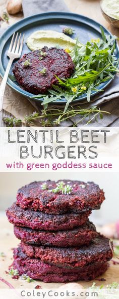 some food is stacked on top of each other and the words lentil beet burgers with green goddess sauce