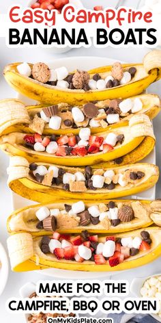 four banana boats with marshmallows and chocolate on them