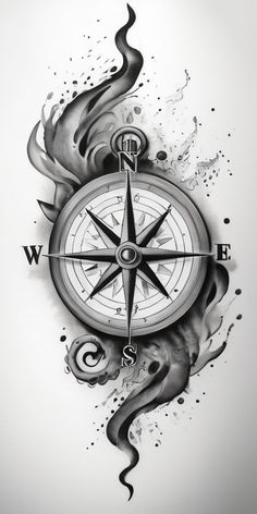 a drawing of a compass with water splashing around it and an octopus on the side